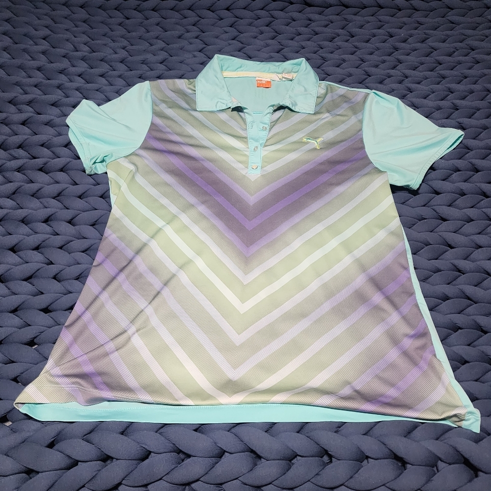 Puma Aqua Lavender Chevron Polo Women’s Large Dry Cell Athletic Golf